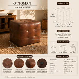 Pouf ottoman en cuir artisanal avec coussin épais et structure en bois massif – Siège de luxe contemporain pour chambre, salon, hôtel - Product Image 2