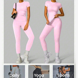 Ensemble t-shirt et legging de fitness pour femme Tissu respirant anti-transpiration Logo personnalisé Marque personnalisée Commandes en gros - Product Image 4