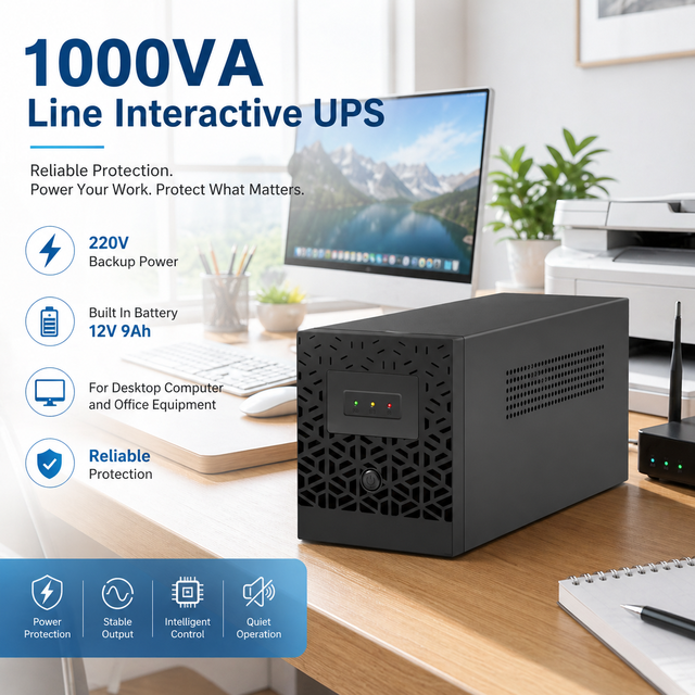 1000VA Line Interactive UPS Built in Battery 12V 9Ah 220V Reliable Backup Power Supply for Computer Office Equipment Use
