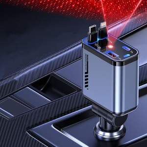 Cargador de estación de teléfono de coche de carga rápida 4 en 1 cargador de coche retráctil con luz de estrella Ambiental <span class=keywords><strong>2</strong></span> Cables tipo C PD adaptador rápido - Product Image 1