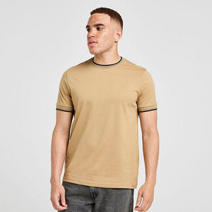 <b>Mens</b> Khaki Striped Trim Short Sleeve Cotton T-<b>Shirt</b> Custom Logo OEM ODM Wholesale Apparel - Product Image 5