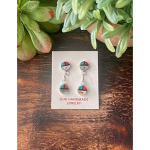 Boucles d'oreilles pendantes Zuni faites à la main avec pierres multicolores et argent sterling en forme de soleil - Product Image 1