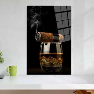 Arte en Lienzo de Lujo con Diseño de Cigarros y Vasos de Whisky, Impresión Elegante en Tono Oscuro, ARTÍCULO DE VIDRIO TEMPLADO - Product Image 1