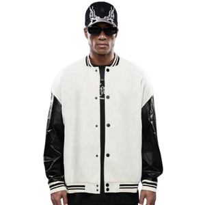 <b>Y2K</b> College Baseball Jacket for Men Wool Blend Body PU Leather Sleeves Modern Urban <b>Streetwear</b> Snap Button Varsity Outerwear - Product Image 1