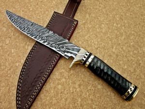 Cuchillo Bowie de caza de acero de Damasco hecho a mano personalizado, mango de Micarta, Funda de cuero, hermoso fabricante de cuchillos OEM de grado DIY. - Product Image 3