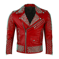 Veste de motard en cuir véritable cloutée rouge Veste de moto style rock punk pour hommes