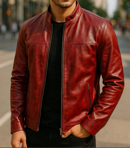 Veste moto en cuir véritable rouge pour homme, col montant, fermeture éclair, coupe classique, pour l'automne - Product Image 1