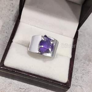 Bague pour femme en argent sterling 925, pierre précieuse améthyste naturelle, pierre de naissance de février, large bande, bijoux faits à la main pour Noël - Product Image 5