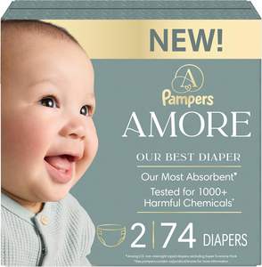 Pampers Amore, Taille 2 (4,5-10 kg), 74 couches, Notre meilleure couche – Hypoallergénique et sans parfum, Jusqu'à 100 % anti-fuites - Product Image 1