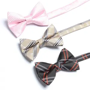 Corbata de lazo ajustable para hombre, lazo de seda a cuadros, tartán, negro y rosa, preatado, venta al por mayor, amazon