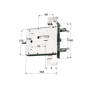 DOUBLE CARTE TRIPLE MORTICE LOCK 4 lancers et loquet actionné par poignée carrée et clé Plaque avant mm. 190x43 - Product Image 1