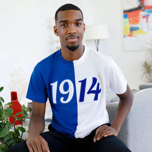T-shirt Sigma en chenille bleu et blanc, broderie en coton, vêtements de fraternité grecque, élégant t-shirt pour homme Sigma, mi-1914 - Product Image 1