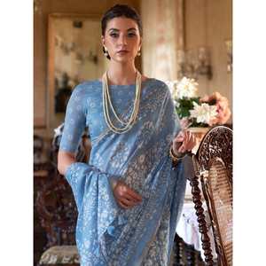 Sari en coton imprimé floral bleu aqua délicieux pour les festivals et les spectacles - Product Image 2