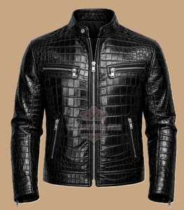 Veste en cuir véritable pour homme, motif crocodile, col montant, fermeture éclair, coupe classique, poches poitrine zippées, vêtement d'extérieur hiver - Product Image 2