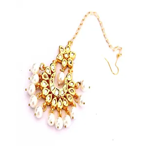 Ensemble de bijoux fins plaqués or 24 carats Kundan, collier crème avec boucles d'oreilles et Maang Tikka pour cadeau de mariage - Product Image 5