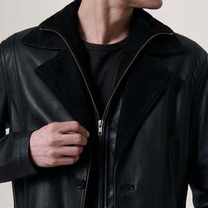 Charlton Men's Black Sheepskin Leather Gothic Winter Overcoat <b>Quilted</b> Polyester Lining Notch Collar <b>Wool</b> Filling Fur Decoration - Product Image 6