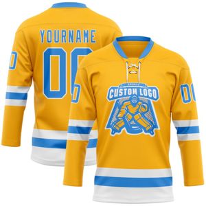 OEM Fabricación personalizada al por mayor Custom Gold Powder Blue-White High Quality Hockey Lace Neck Jersey - Product Image 1
