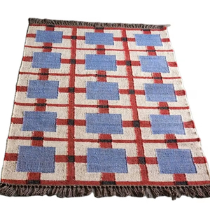 พรม kilim ขนแกะทอมือสไตล์โบโฮที่ทันสมัยพรมลายตารางสีแดงเรขาคณิตสีน้ำเงินพรมสานเรียบพื้นที่สำหรับตกแต่งห้องนั่งเล่น - Product Image 1