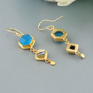 Pendientes de Mujer con Concha de Abulón y Calcedonia Azul, Pendientes de Doble Piedra, Chapados en Oro de 18k, Joyería al por Mayor, Pendientes de Gancho - Product Image 4