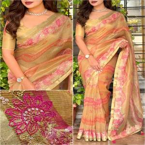 VASTRA COTTAGE Crystal Tissue Saree With Viscose <b>Thread</b> Gold Zari Embroidery Cut Work Tatkan Pallu Luxury Designer Ethnic Wear - Product Image 6