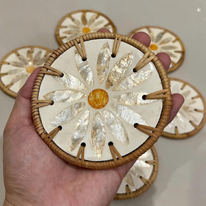 Adorable Daisy Design Round Rattan Wrapped Mother Of Pearl Coaster Set Natural Woven Shell Inlay Table <b>Accessory</b> for <b>Home</b> Decor - Product Image 5