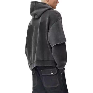 เสื้อฮู้ดดี้ผู้ชายสไตล์วินเทจ ล้างสีแบบแอซิด ผ้าเฟรนช์เทอร์รี่เนื้อหนา แขนยาวสองชั้น ตกแต่งลายปะติด ผ้าฝ้าย 100% สำหรับฤดูหนาว - Product Image 3