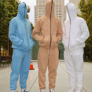 Oem Custom Logo Wholesale Men <b>Plain</b> Oversized Blank Full Face Zip up Hoodie and Flare Pants 400gsm 100% Cotton <b>Tracksuit</b> Set - Product Image 1