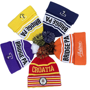 High Quality Customizable Acrylic <b>Beanie</b> Embroidered Logo Trendy Warm Winter Knitted Hat Adults Kids <b>Pom</b> <b>Pom</b> Printed Pattern - Product Image 1