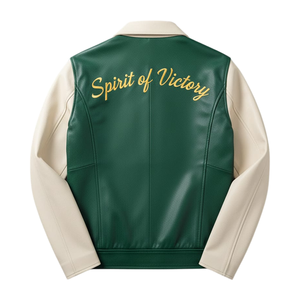 Veste streetwear unisexe en cuir de vache d'hiver, vert et blanc, bomber de baseball, broderie personnalisée, logo sur le devant, toile enduite - Product Image 2