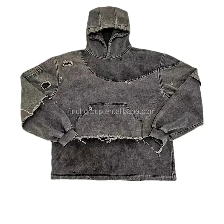 Finch Garment streetwear personalizado rasgado hoodies homens pedra lavagem ácida dupla camada hem cru hoodie angustiado