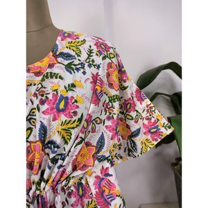 Boho-Stil Indische Handbedruckte <b>Kaftan</b>-Kleid Weisse Und Rosa Blumenblten Atmungsaktiver Und Leichter Swimsuit Cover Ups - Product Image 2