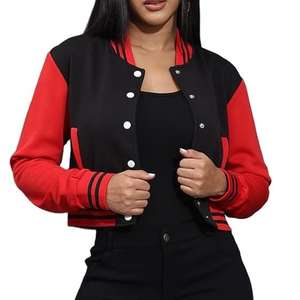 Chaqueta universitaria recortada de lana 100% para mujer, chaqueta universitaria de algodón con manga de cuero de invierno, chaqueta universitaria de béisbol para mujer, cuello redondo, transpirable - Product Image 1