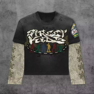 Camiseta de manga larga de doble capa informal de fabricantes personalizados para hombres, camisetas de manga larga lavadas con ácido Vintage desgastadas para hombres - Product Image 6