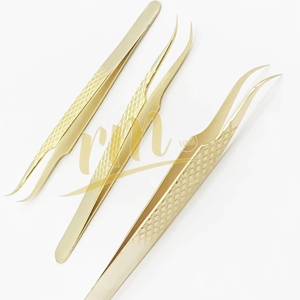 Pinzas semicurvas de plasma dorado RMI, pinzas de extensión de pestañas de acero de alta calidad, punta de agarre de diamante con logotipo personalizado - Product Image 2