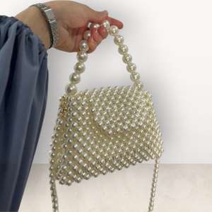 Ivory Pearl Beaded Handmade Modern <b>Storage</b> <b>Bag</b> | Large <b>Plastic</b> Hobo Shoulder <b>Bag</b> Adjustable Strap | Wardrobe-Friendly Durable - Product Image 1