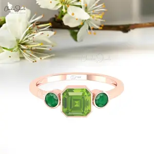 Cincin 3 batu dengan Peridot 1,75 ct & 3mm bulat potongan zamrud 14k emas padat cincin kombinasi Drop pengiriman perhiasan bagus