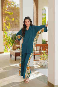 Nouvelle arrivée vert sarcelle multicolore imprimé floral décontracté Co-Ord Set-femmes décontracté col décolleté chemise pantalon tendance - Product Image 2