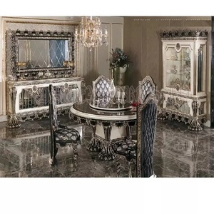 Ensemble de salle à manger Majestic en bois sculpté métallique turc pour 4 personnes, meubles de salle à manger de style royal, ensemble de salle à manger sculpté à la main pour villa royale, Canada - Product Image 1