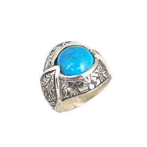 925 Sterling <b>Silver</b> Men's Ring with Round Turquoise Zircon Stone and <b>Pen</b> Design Fine Jewelry for Everyday Wear - Product Image 1