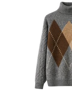 Suéter de Punto Premium para Hombre, Cuello Alto, Diseño Argyle, Suave y Cálido, Manga Trenzada, Jersey de Invierno, Estilo Casual, Color Gris, Marrón, Beige - Product Image 3