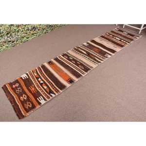 Turkish <b>Runner</b> <b>Rug</b> 2.4x10.4 ft (74x318 cm), Kilim Brown Ikat Vintage <b>Rug</b> - Product Image 2