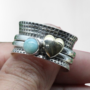 925 timbre Larimar pierres précieuses Spinner anneau meilleure qualité bijoux 925 en argent Sterling promesse anneau Boho Style solide bijoux faits à la main - Product Image 1