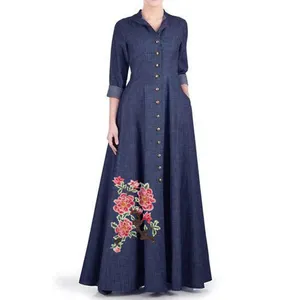 实心穆斯林连衣裙女性海军蓝色马克西风格牛仔布阿巴亚女性一体式太阳裙休闲长袖马克西阿巴亚
