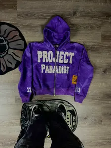 Sudadera con capucha desgastada personalizada con apariencia de lavado vintage ácido, apliques con cremallera y diamantes de imitación, ropa de calle de lana para hombre para invierno - Product Image 4