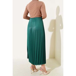 Pleated Leather Look <b>Elastic</b> <b>Waist</b> <b>Skirt</b> Green - Product Image 1