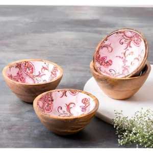 Impresionante tazón redondo de madera ligera hecho a mano con interior estampado en esmalte rojo paisley clásico para una comodidad de lujo en la mesa. - Product Image 2
