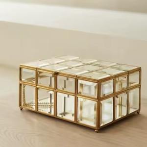 Gold Rectangular Glass & Metal Compartment Fantastic Design <b>Wedding</b> Decorative <b>Keepsake</b> Handmade Jewelry <b>Boxes</b> - Product Image 1