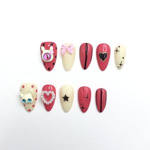 Uñas Postizas de Lujo con Estilo Chic, Cortas, Forma Ataúd, Color Rosa, Diseño de Dibujos Animados, Cobertura Completa, Incluye Pegamento para Dedos - Product Image 1