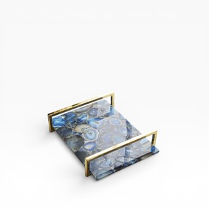 Plateau de service rectangulaire en agate naturelle bleue avec motif en cristal poli et poignée décorative en feuille d'or - Product Image 2