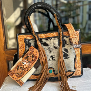 New Stylish Cowhide Fur Leather Color <b>Tooled</b> Fringes <b>Tote</b> <b>Bag</b> and Real Hair on Hide Color <b>Tooled</b> Fur Leather Clutch Combo Sets - Product Image 1